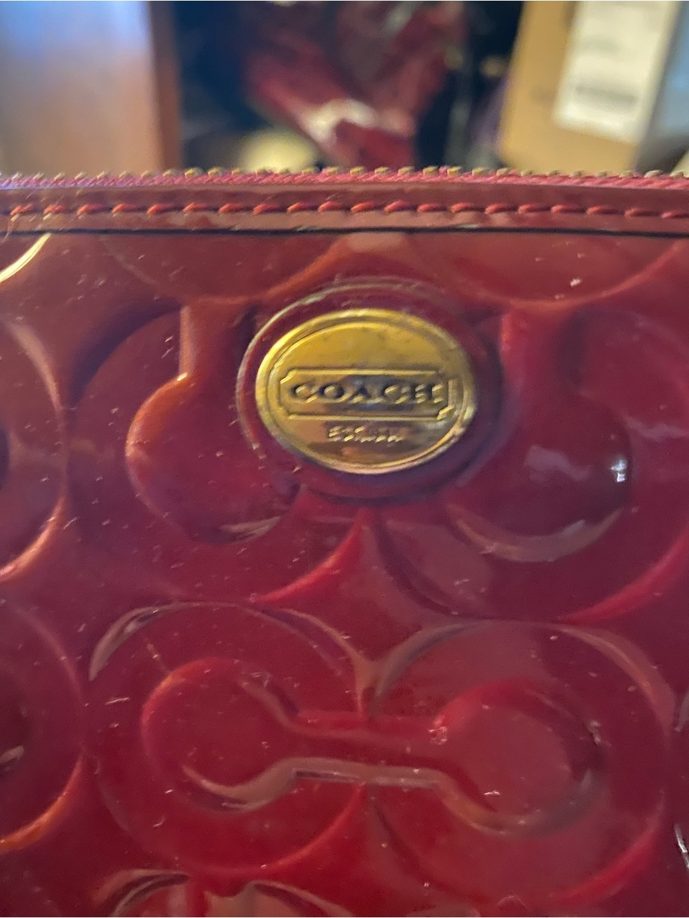 Coach Red Patent Leather Signature ZIP WALLET AROUND with Gold Logo